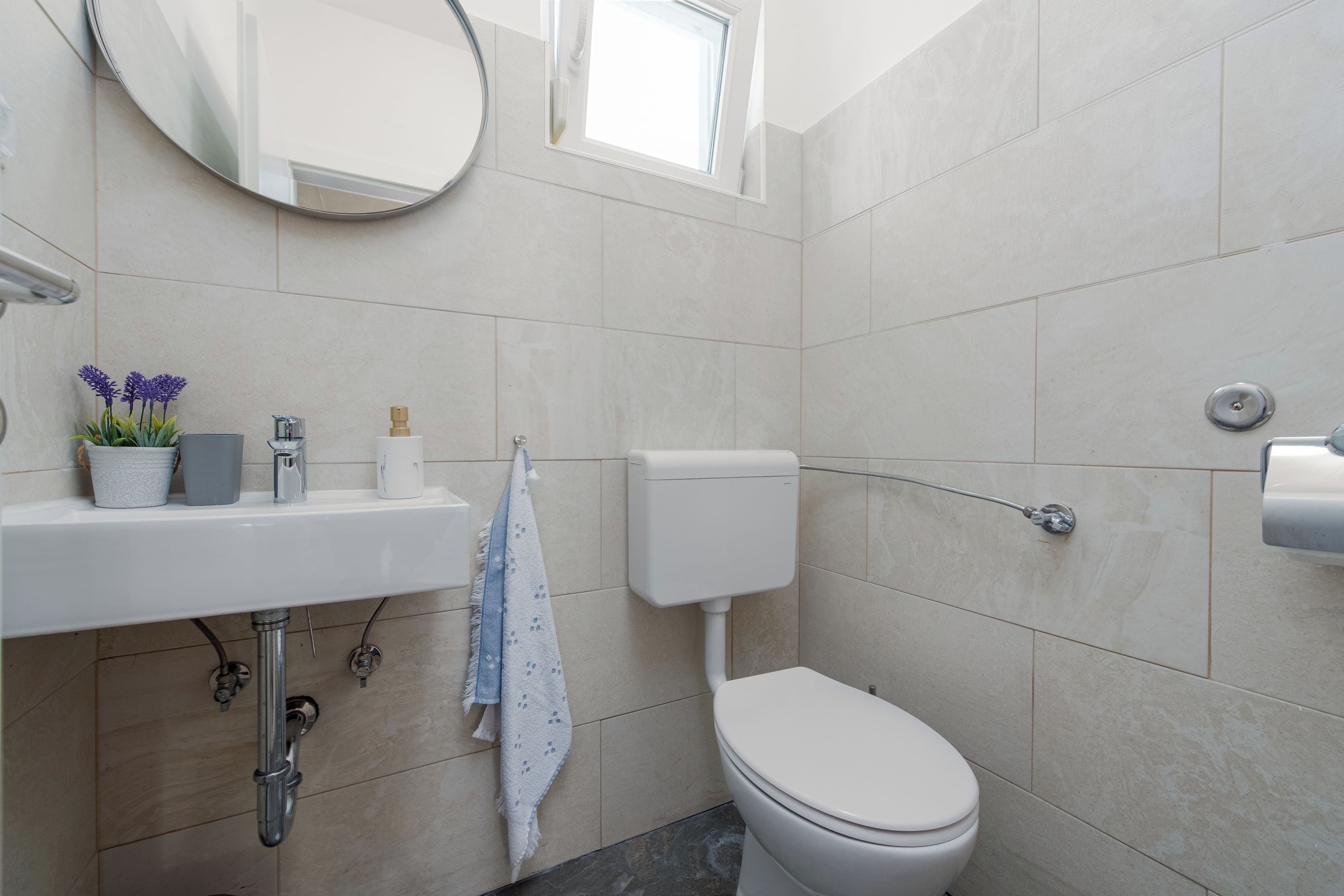 Une salle de bain avec des toilettes, un lavabo et un miroir.
