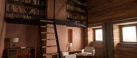 A loft-style bedroom with a loft bed, a ladder, a desk, two chairs, and bookshelves.
