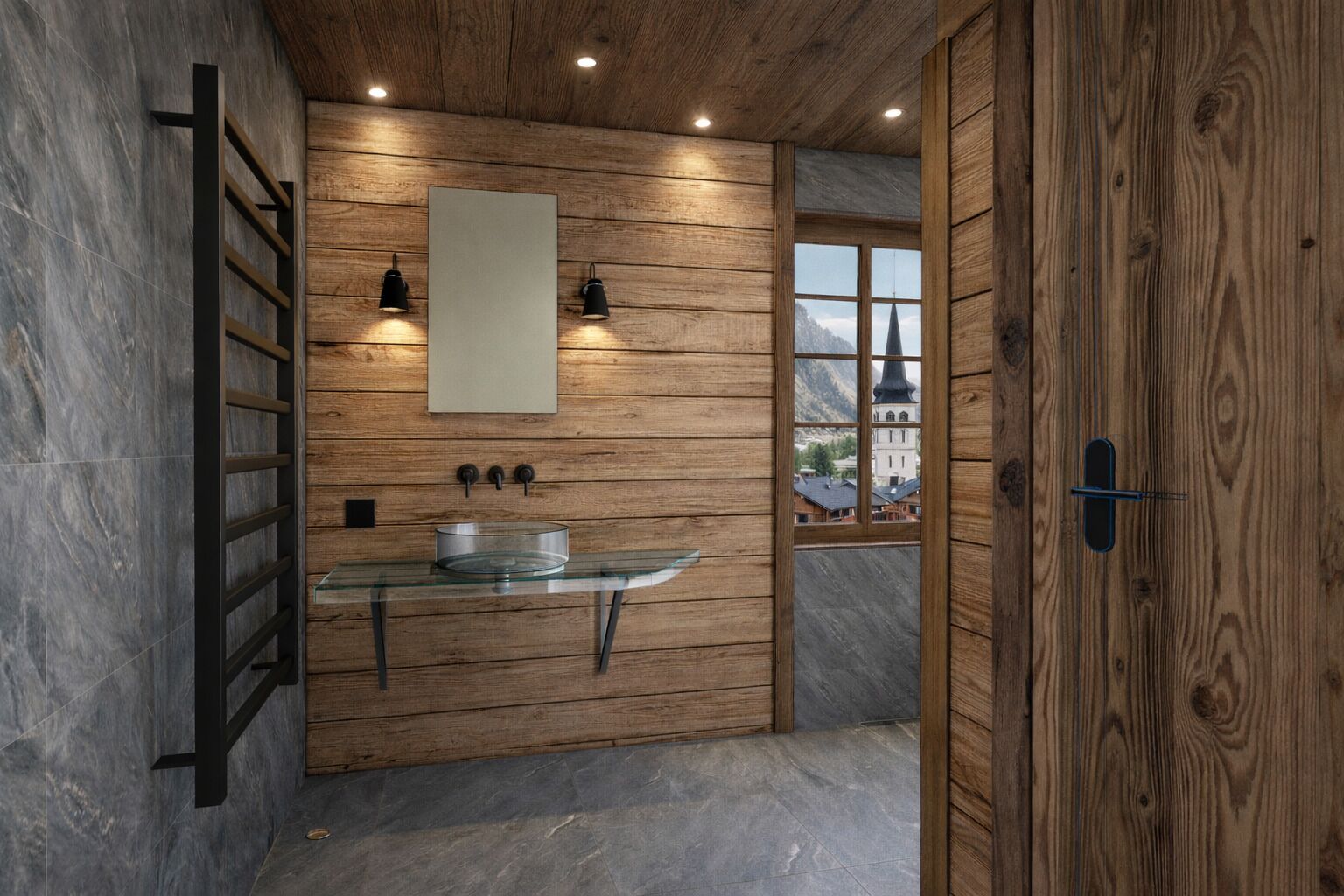 A bathroom with a wooden wall, a glass sink, and a window with a view of a building.