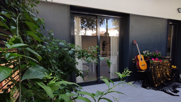 Un edificio moderno con una porta in vetro, una chitarra e piante in vaso.