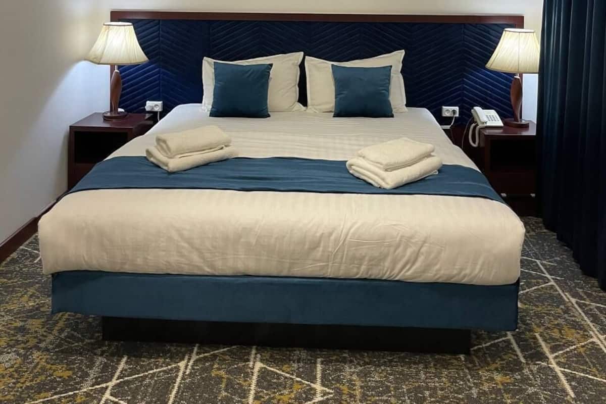 A hotel room with a large bed, two bedside tables, a headboard, a framed picture on the wall, and a patterned carpet.