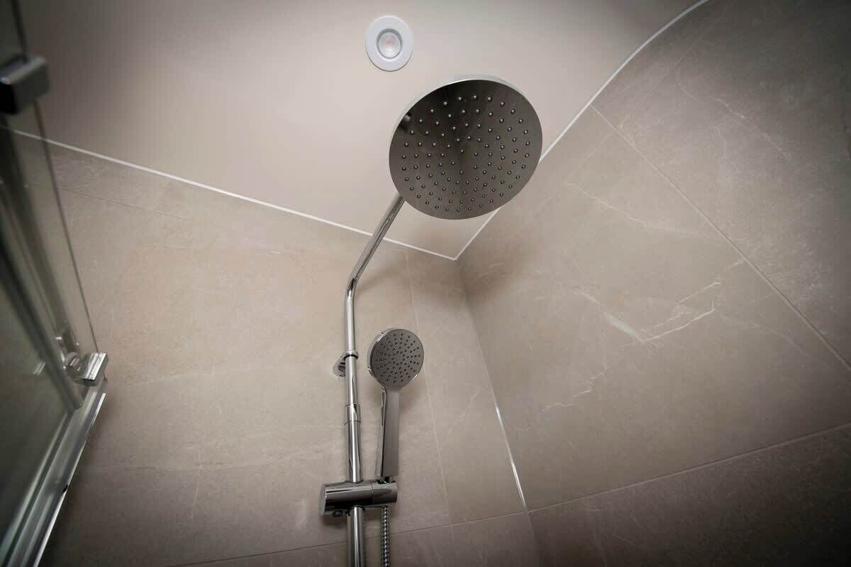 Shower, hair dryer, shampoo