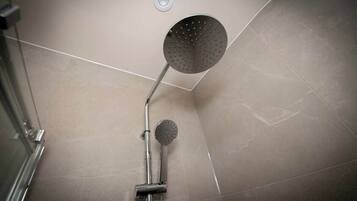 Shower, hair dryer, shampoo