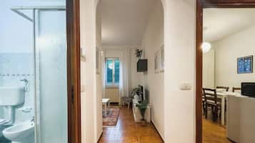 Douche, bidet, serviettes fournies, papier toilette