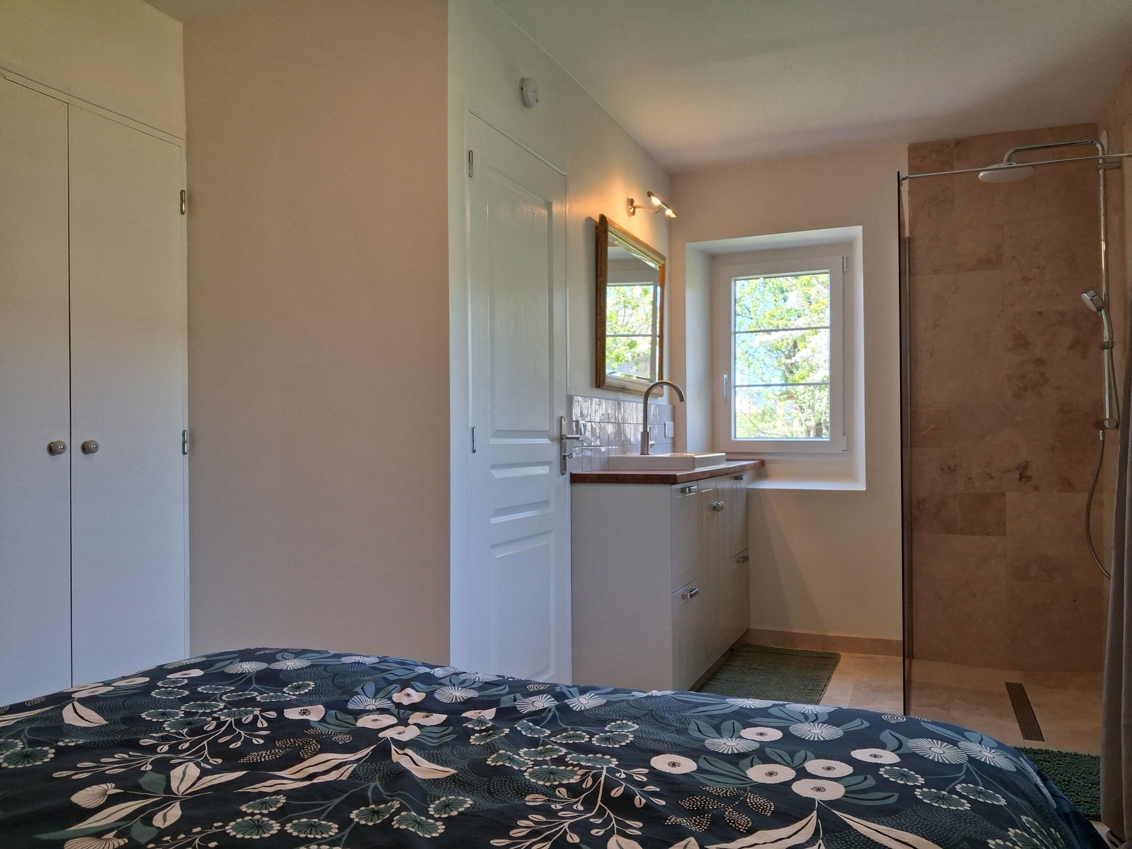 Une chambre à coucher avec un lit, une salle de bain avec une douche, une fenêtre et une porte.