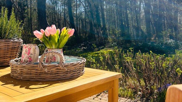 Une table en bois, agrémentée de paniers en osier et de vases à fleurs, installée à l’extérieur avec une forêt en arrière-plan.