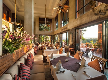 A restaurant with indoor seating, large windows, and a view of the outdoors.