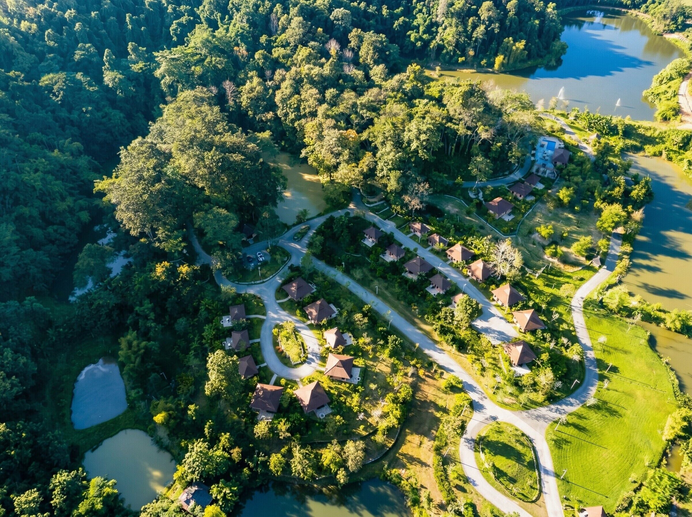 An aerial view of a residential area with houses, roads, and a lake.