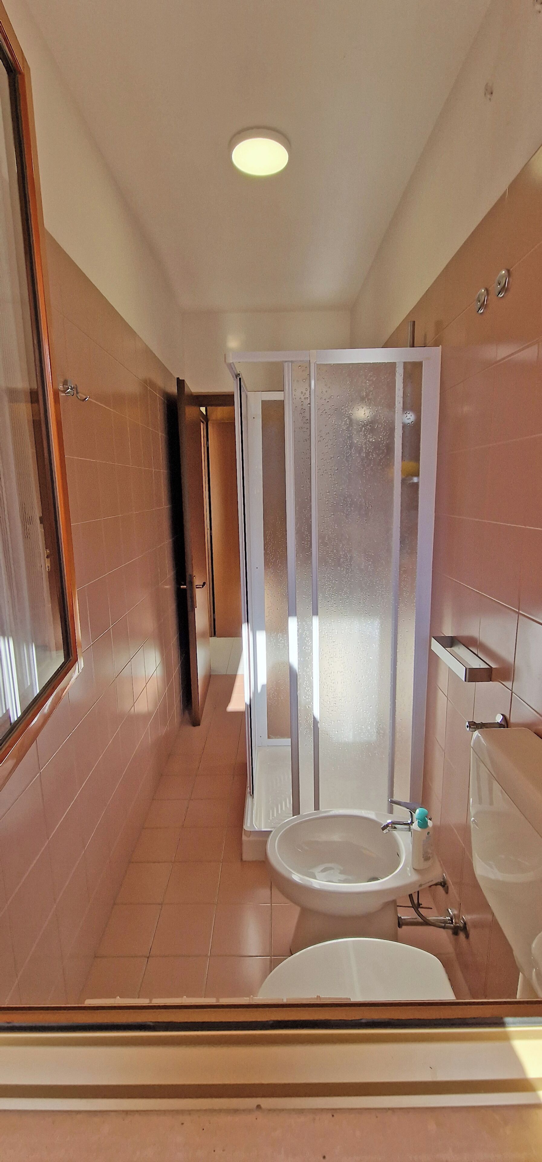 A bathroom with a toilet, sink, and shower enclosure.