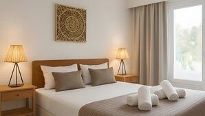 Ein ordentlich bezogenes Bett mit einer braunen Steudecke, zwei Nachttischlampen, einem Nachttisch, einem Wandbild und einem Fenster mit Vorhängen.