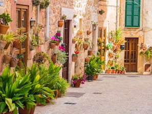 Una estrecha calle flanqueada por edificios decorados con numerosos maceteros y flores.