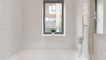 Shower, hair dryer, towels, shampoo