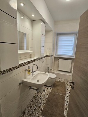 Douche, séchoir à cheveux, serviettes fournies