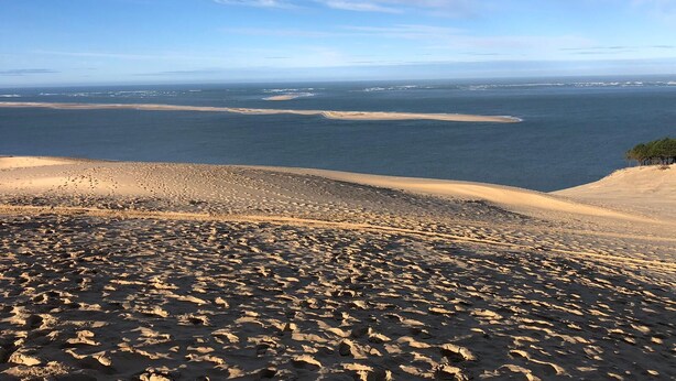 Eine Küstenlandschaft mit Sanddünen und Blick auf das Meer.