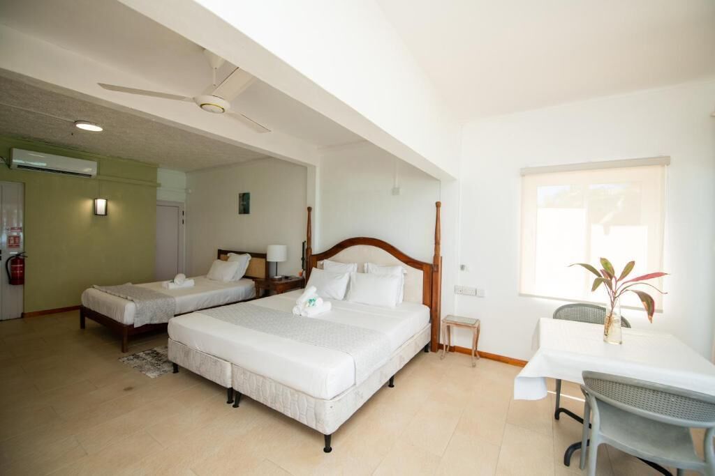 A hotel room with two single beds, a wooden headboard, a small table with a chair, and a window with a plant.