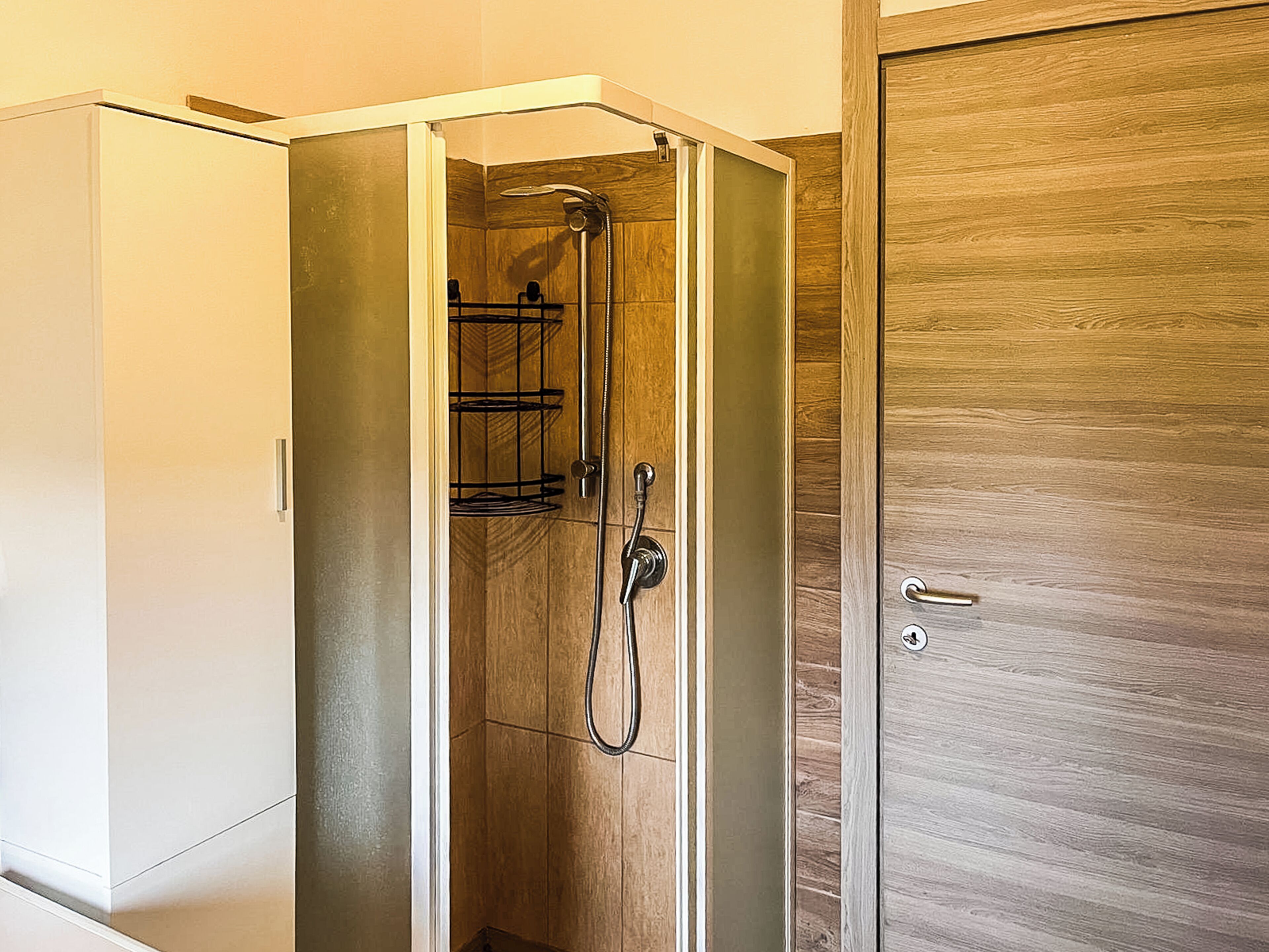 A walk-in shower with a wooden door and a metal shower head.