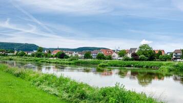 Ein Fluss mit Häusern am gegenüberliegenden Ufer, ein klarer Himmel und Grün entlang des Flussufers.