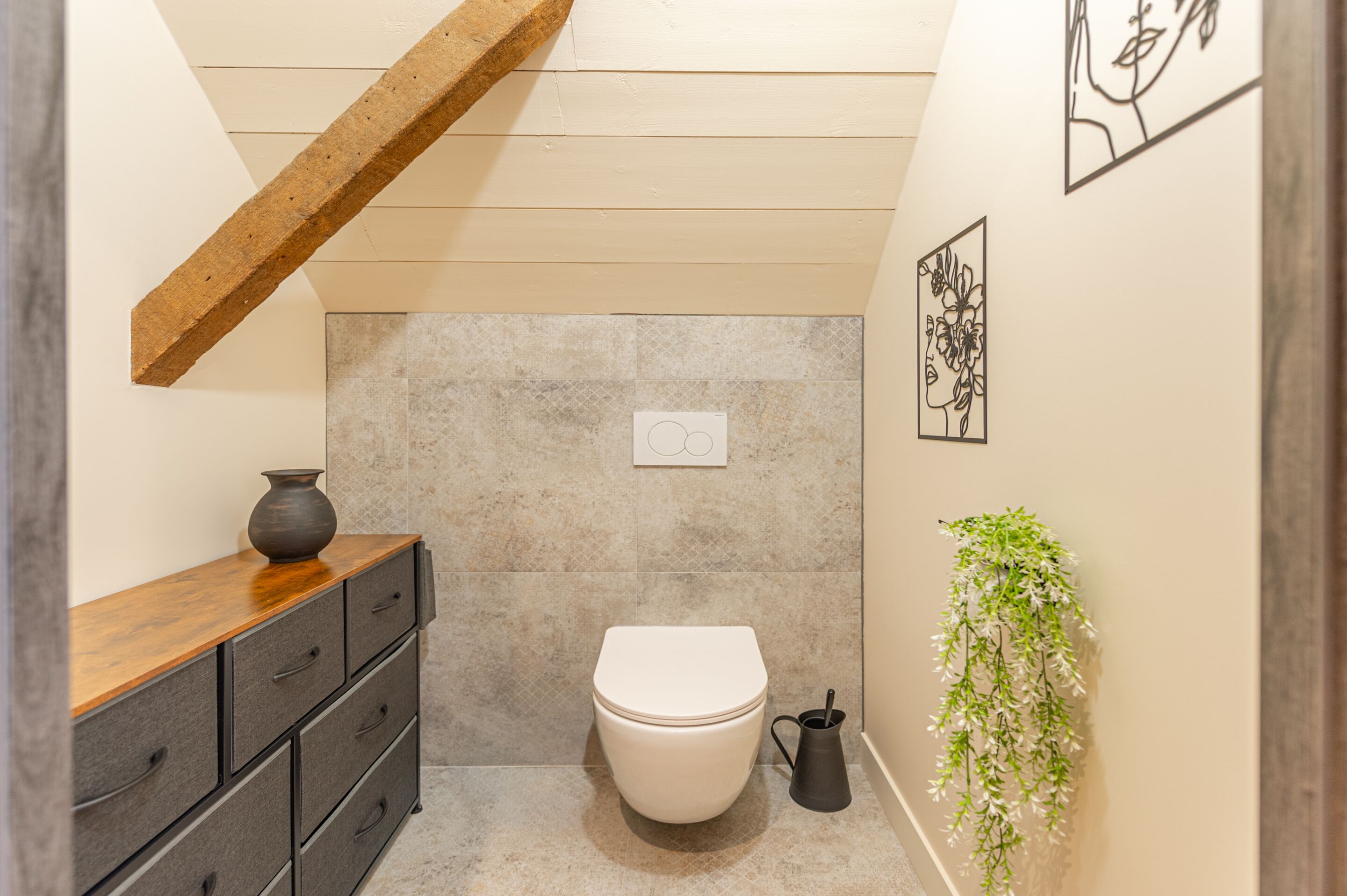 A small, modern bathroom with a wooden beam, a white toilet, a dark cabinet, and a hanging plant.