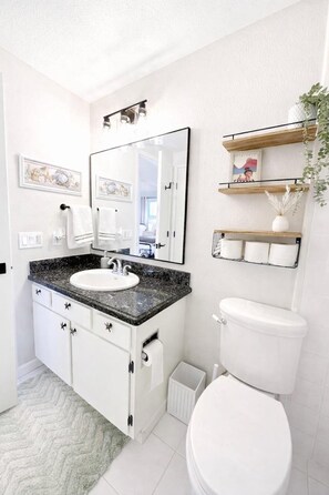 Hair dryer, bidet, towels, soap