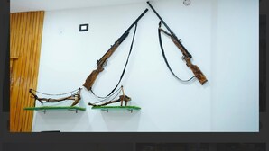 Ein Zimmer mit weißer Wand, Holzvertäfelung und aufgehängten Gewehren.