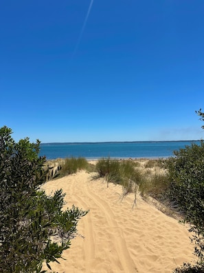 A sandy beach path leading to the sea with clear skies. - On the beach, Cowes, Phillip Island, Sleeps (Cowes)