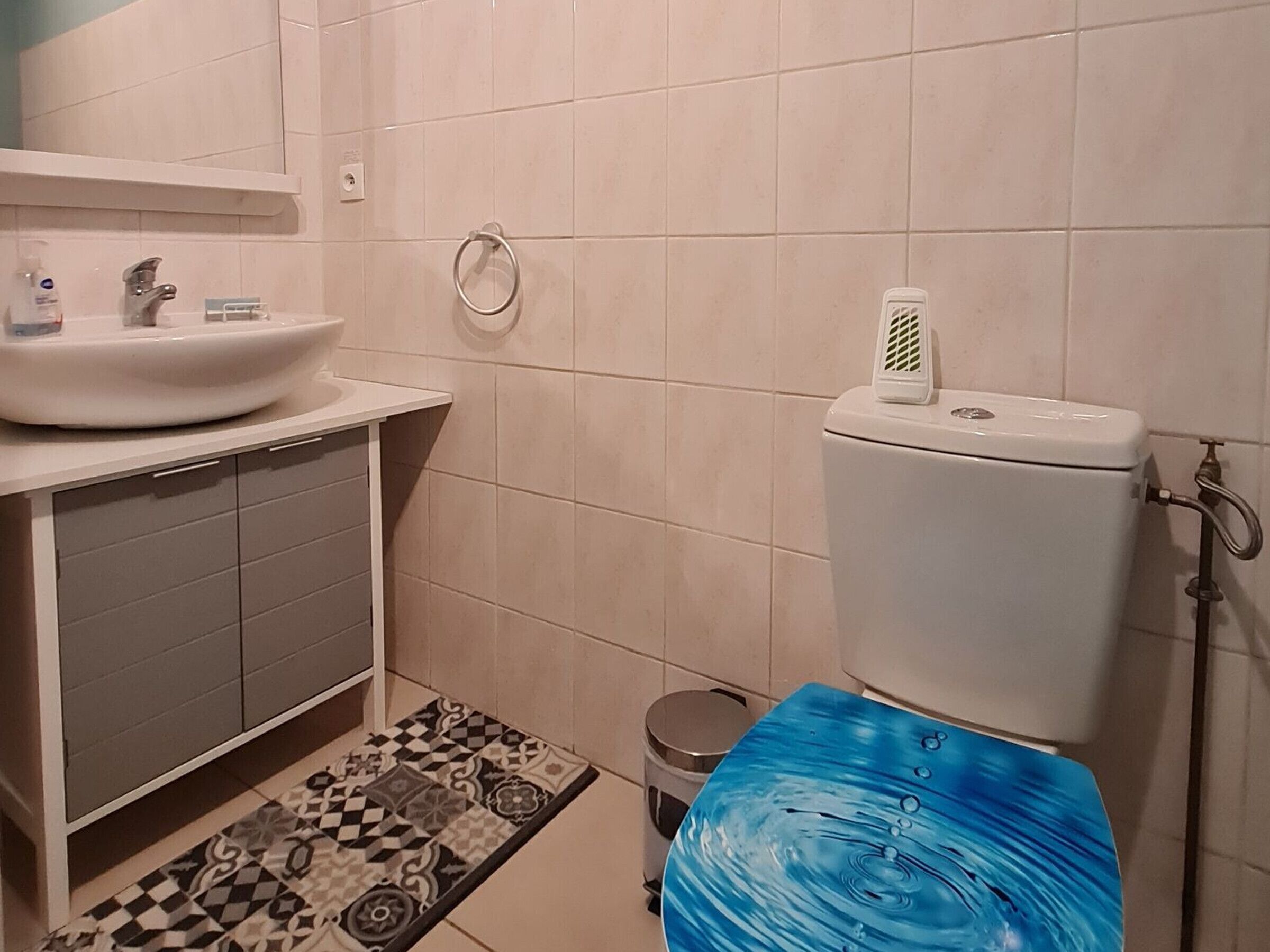 Une salle de bain avec un lavabo blanc, des toilettes et un tapis à motifs.