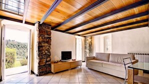 A spacious living area with a stone wall, a sofa, a TV, and a glass table. - Grace house (CIVEZZA)