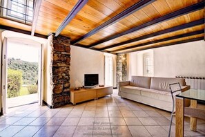 A spacious living area with a stone wall, a sofa, a TV, and a glass table. - Grace house (CIVEZZA)