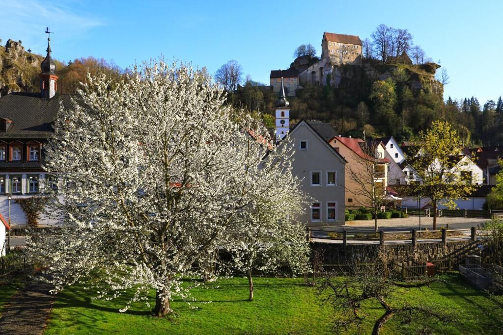 A town with a prominent white tree in the foreground, a church with a bell tower, and a castle on a hill in the background.