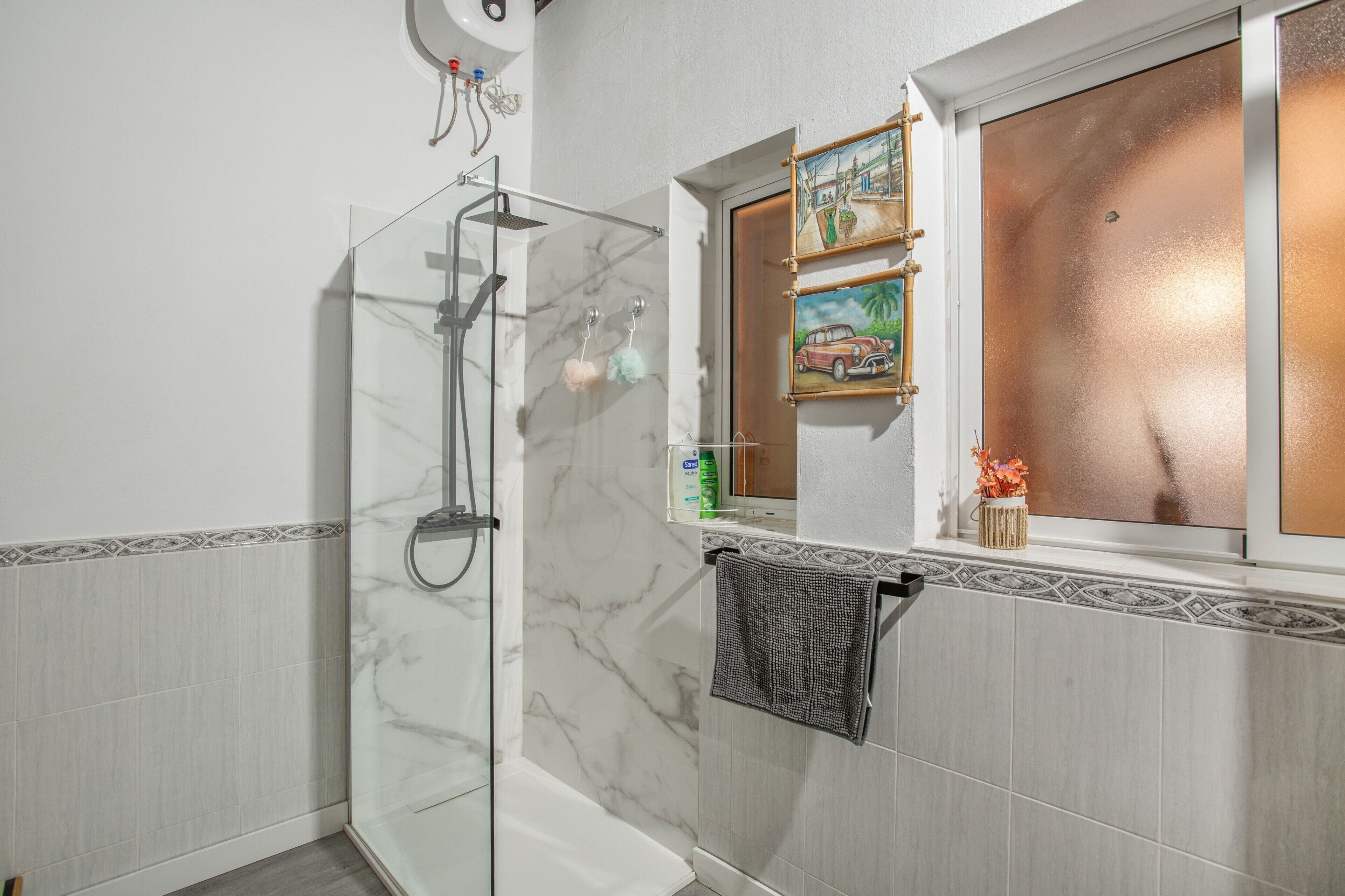 Shower, hair dryer, towels