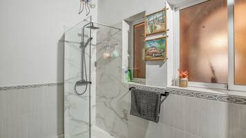 Shower, hair dryer, towels