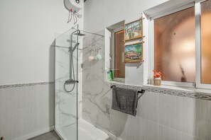 Shower, hair dryer, towels