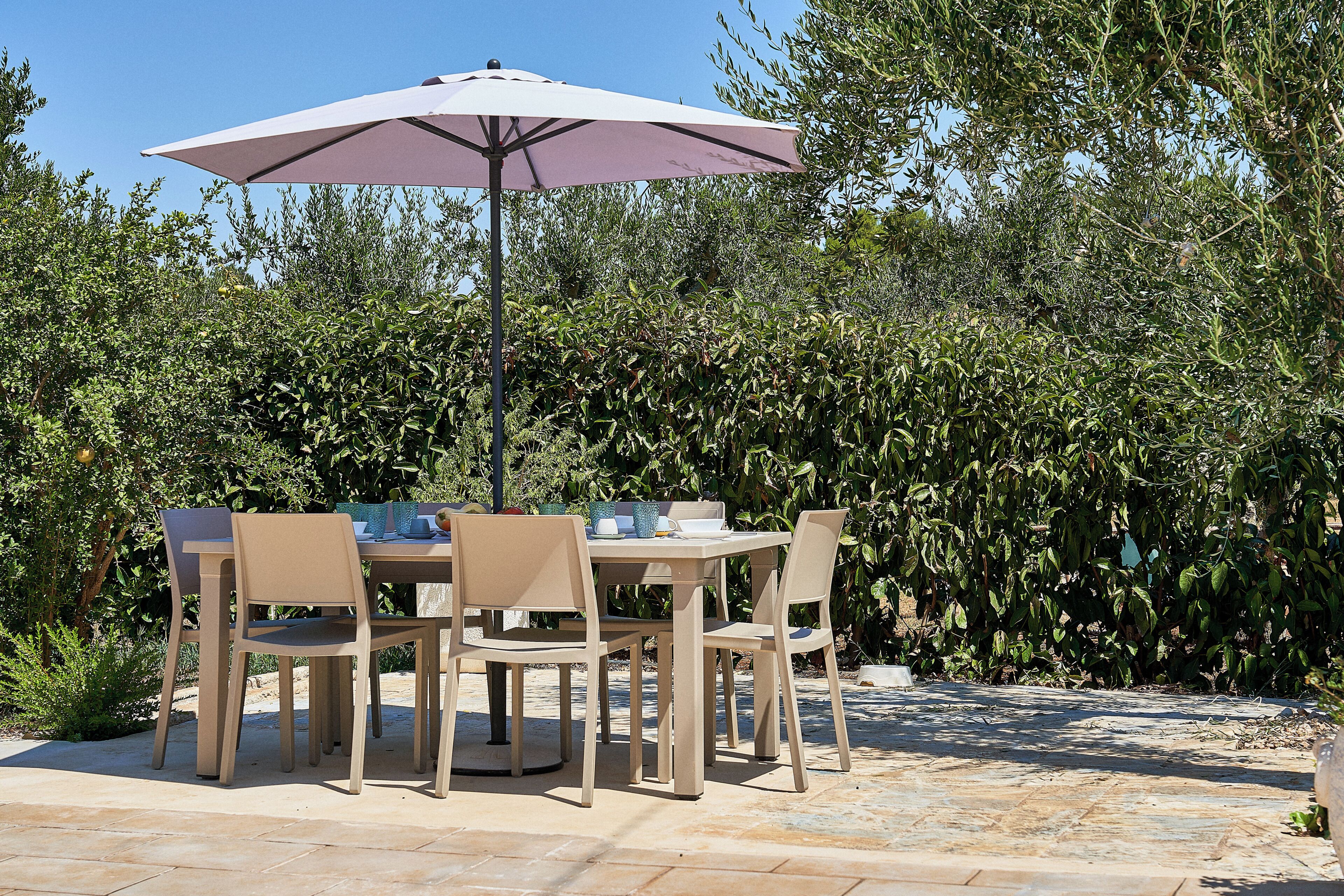 Ein Tisch mit Stühlen und einem großen Sonnenschirm, umgeben von üppigem Grün.