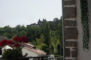 Een kasteel op een heuvel, omringd door groen.