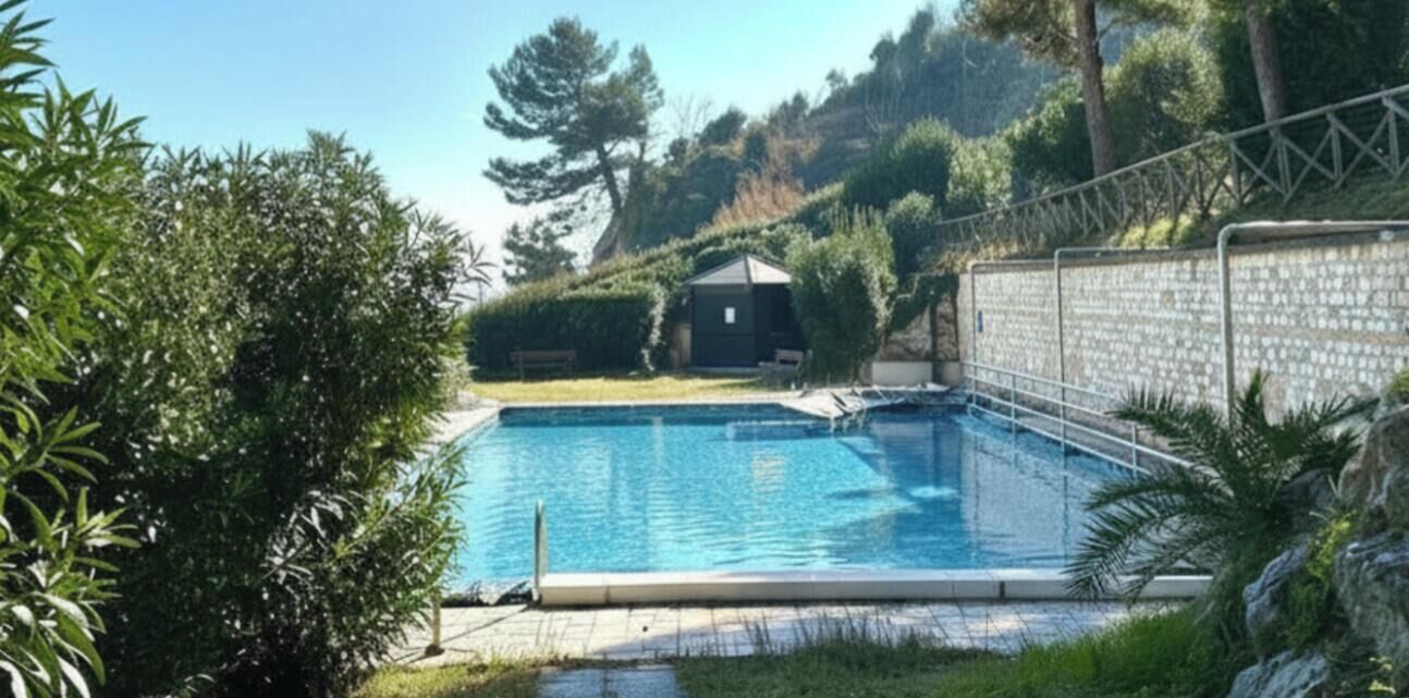 A swimming pool with a clear view of the surrounding landscape, including a house and a stone wall.