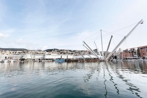 Blick auf das Wasser mit einer modernen Brückenstruktur, Booten und Gebäuden im Hintergrund.