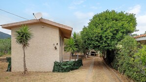 Un edifici petit amb una antena parabòlica, envoltat d'herba seca i un gran arbre.