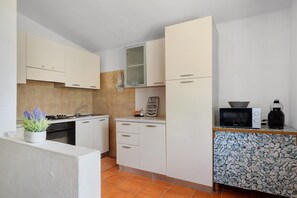 A compact kitchen with white cabinets, a stove, and a microwave on a counter. - Apartment 'Zakaria' with Mountain View, Wi-Fi and Air Conditioning (Foxi Lioni)