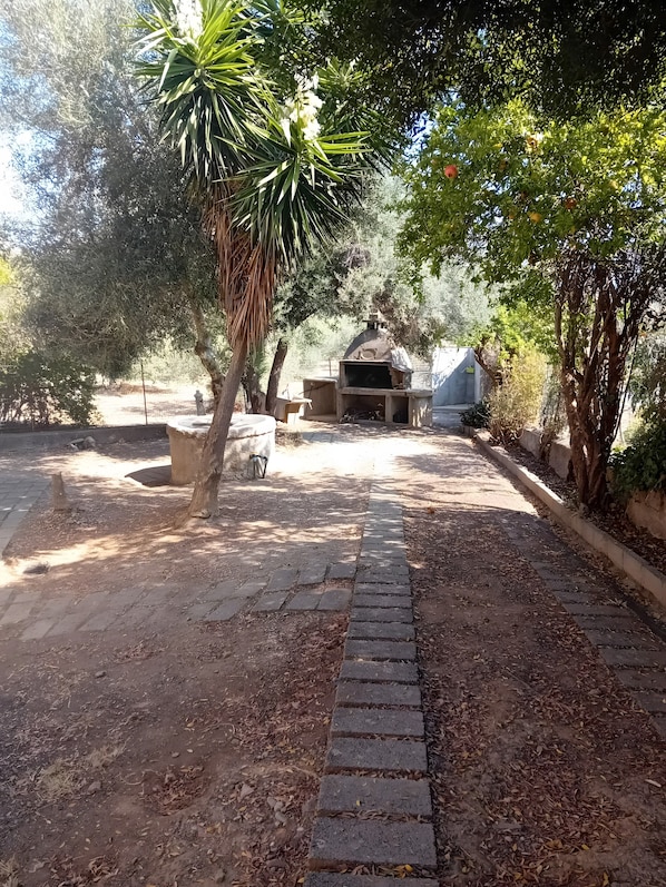 Un chemin pavé mène à un espace extérieur aménagé, de style rustique, avec un barbecue en pierre.