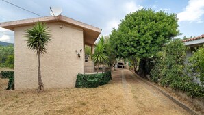 A house with a satellite dish, a paved driveway, and a large tree. - Apartment 'Zakaria' with Mountain View, Wi-Fi and Air Conditioning (Foxi Lioni)