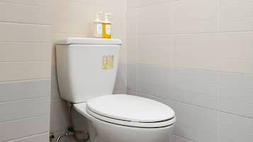 Shower, rainfall showerhead, free toiletries, hair dryer