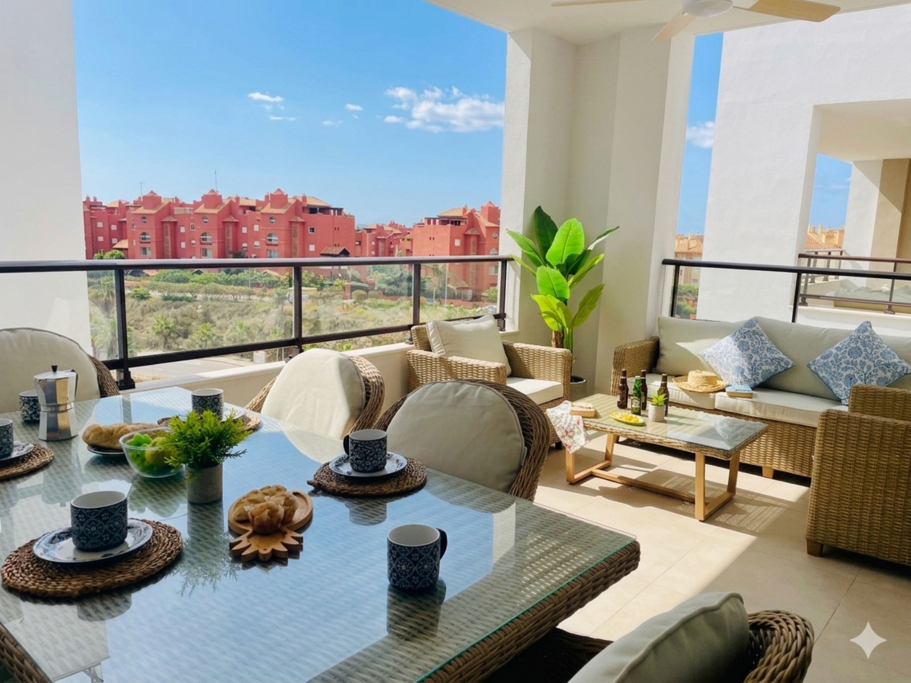Un balcón con una mesa de comedor, sillas y vista a edificios.