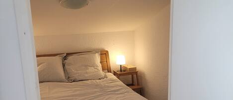 A bedroom with a bed, a bedside table with a lamp, and a ceiling light fixture.