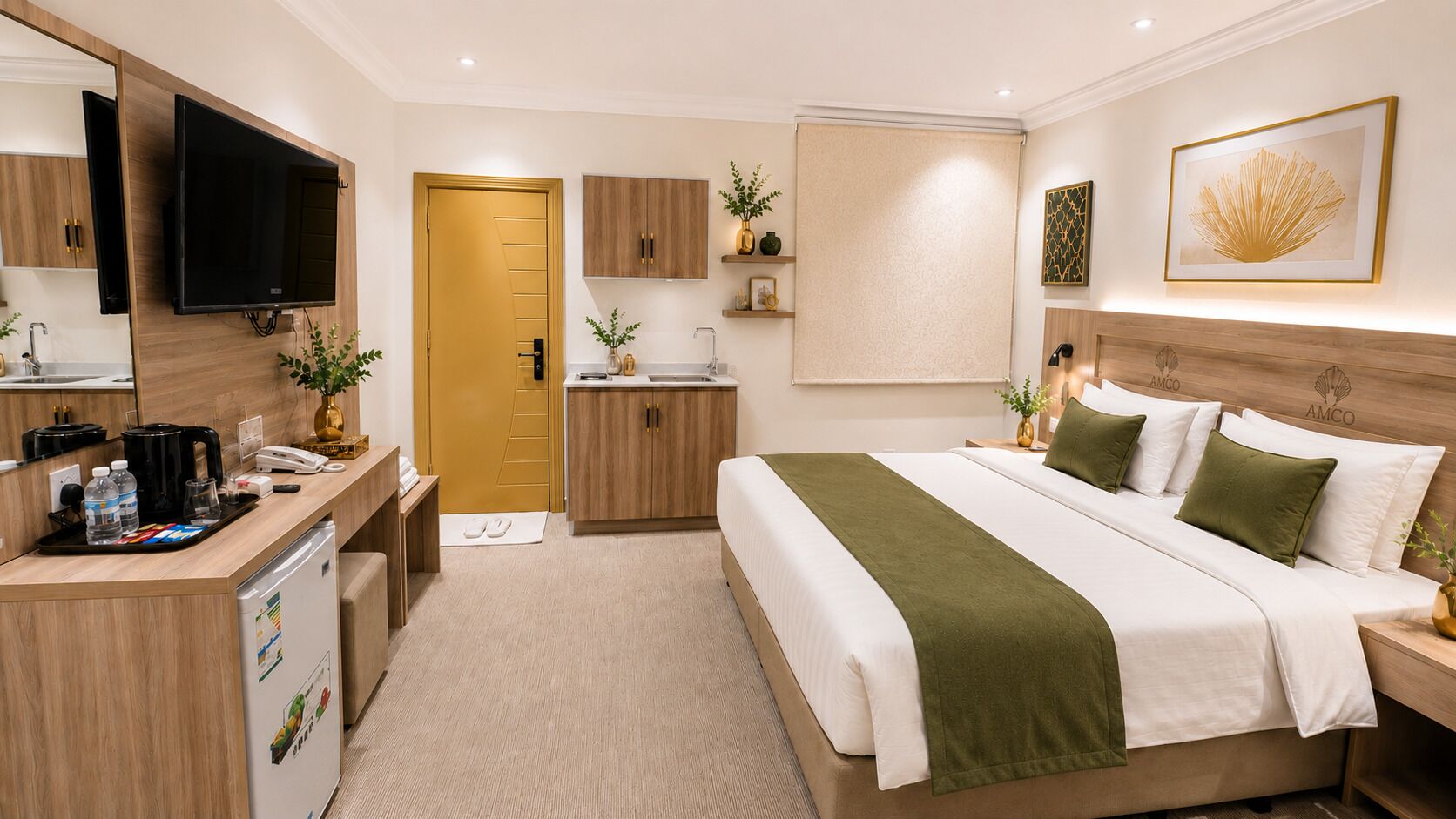 Una habitación de hotel con cama, escritorio con cafetera, televisor y baño con inodoro y lavamanos.