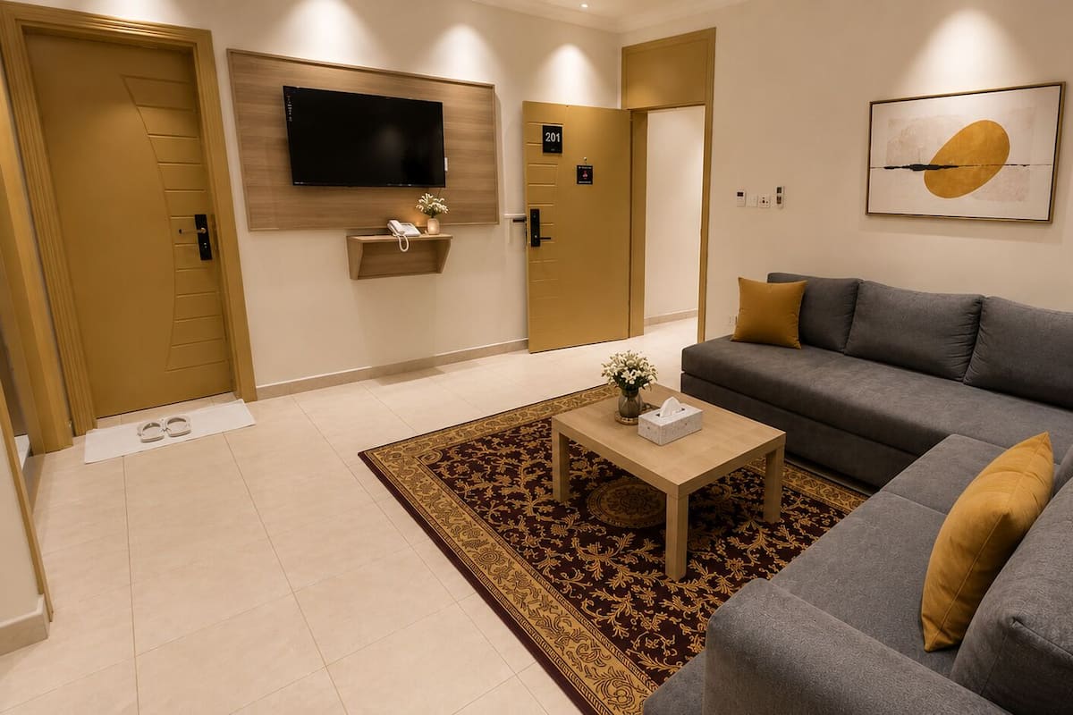 Una sala de estar moderna con un sofá gris, una mesa de centro de madera, un televisor instalado en la pared y una alfombra estampada.