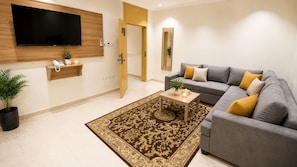 Una sala de estar moderna con un sofá gris, una mesa de centro, un televisor de pantalla plana, un mueble de madera, una planta en maceta y una alfombra estampada.