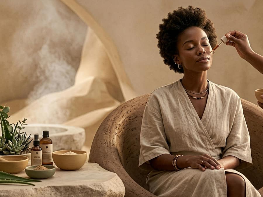 A person seated in a chair with a relaxed posture, surrounded by spa-like amenities including candles, a plant, and bottles, suggesting a tranquil setting.
