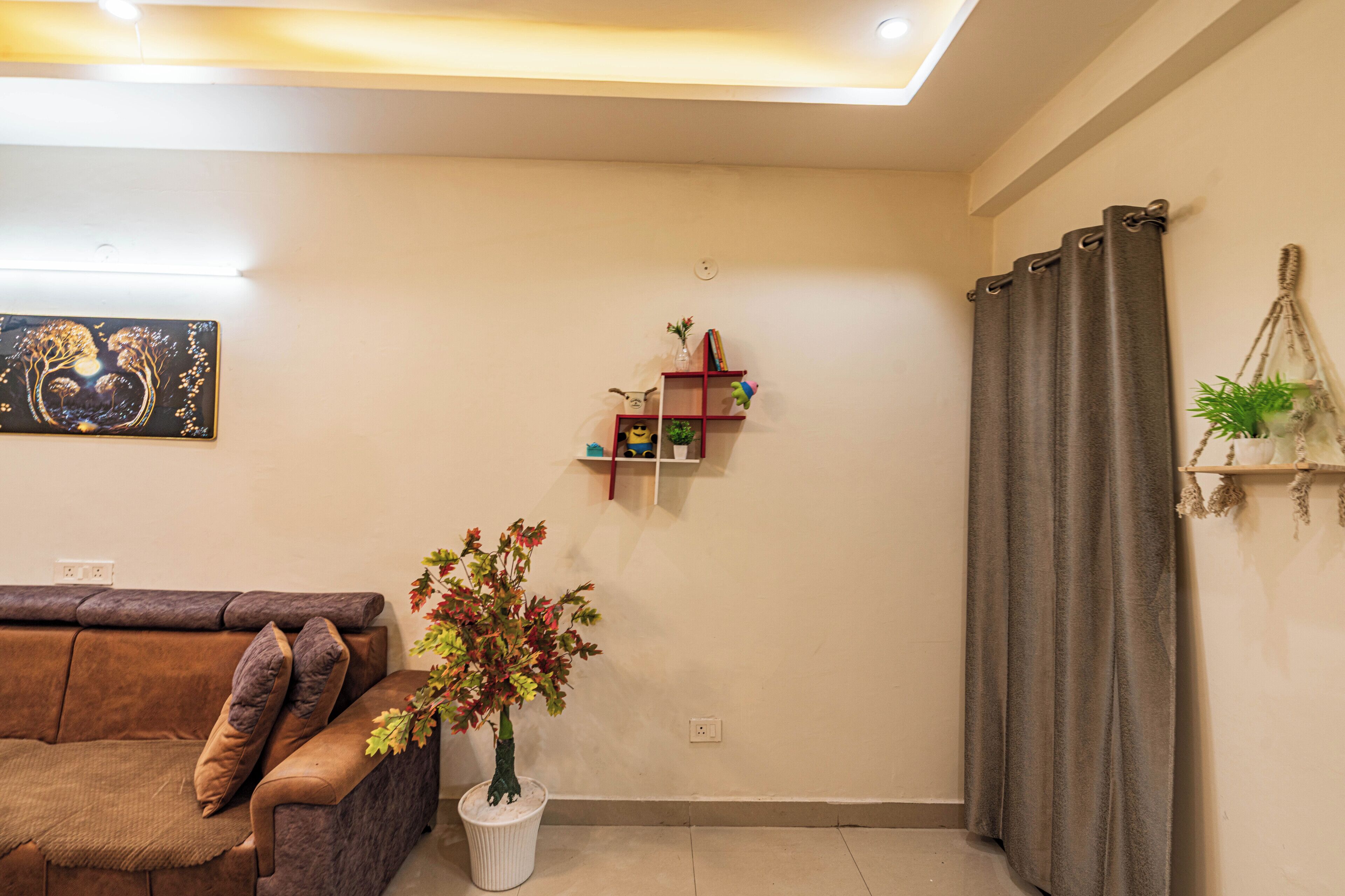 Un salon avec un canapé, une plante en pot, une étagère ornée d’objets décoratifs et un rideau.