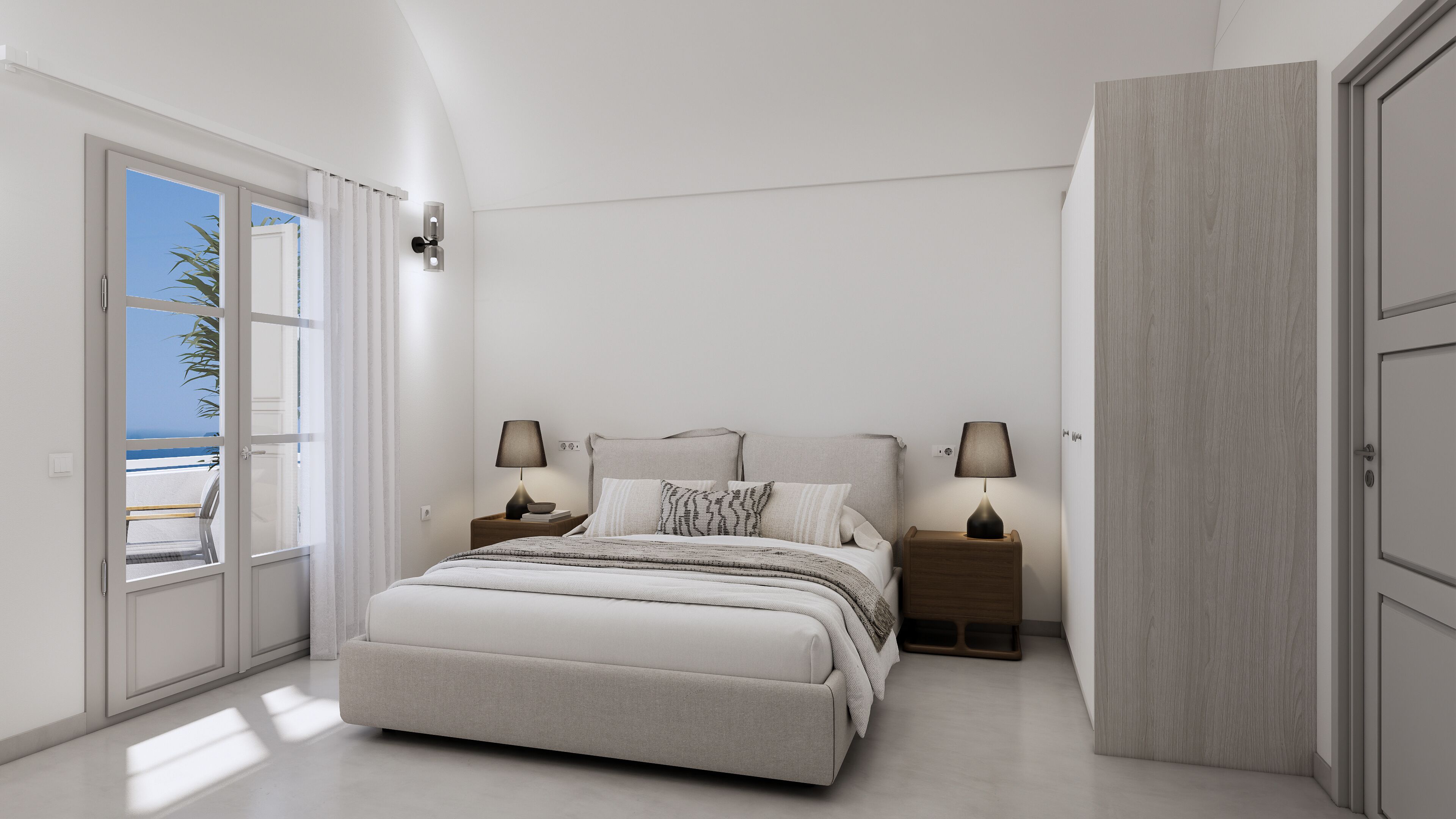 A bedroom with a bed, two bedside tables, a nightstand, a wardrobe, and a view of the sea through a glass door.