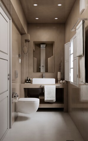 Villa, vistas al mar | Baño | Ducha, secador de pelo, toallas y jabón